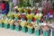 Street sale of flower bouquets near metro station.Roses,tulips, carnations,lilies,gypsophila,hyacinths,chrysanthemums