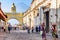 Street with Santa Catalina arch, ruins & volcano, Antigua, Guatemala