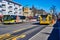 Street scene at a bus stop in a small shopping street in Lichtenrade on the outskirts of Berlin, Germany