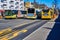 Street scene at a bus stop in a small shopping street in Lichtenrade on the outskirts of Berlin, Germany