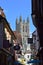 Street scene of Canterbury with Cathedral in background, Kent UK 