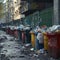 Street scene garbage containers and bags pile up on sidewalk