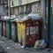 Street scene garbage containers and bags pile up on sidewalk