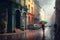 street scene, with rainbow umbrella and misty rain, bringing brightness and happiness