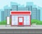 Street shop. Retro grocery store house supermarket exterior city street. Shopping retail building at road cartoon vector