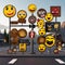 Street signposts featuring evocative emojis that convey emotions