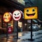 Street signposts featuring a playful selection of expressive emojis