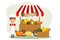 Street stall with autumn pumpkins and a cheerful seller. Thanksgiving Day greeting card, illustration vector