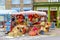 Street stall selling wicker woven baskets in the outdoor market of Southwold