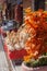 Street stalls with heaps of bunches of garlic and hanging clusters of peppers