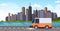 Street sweeper truck machine cleaning process industrial vehicle urban road service concept modern cityscape background