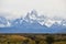 Street to Glacier National Park in El Chalten, Argentina, Patagonia with snow covered Fitz Roy Mountain in background