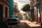 A Street in a town in a cubanic look with a lot of old rusty cars and no people created with generative AI technology