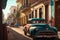 A Street in a town in a cubanic look with a lot of old rusty cars and no people created with generative AI technology