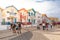 Street with typical striped fishing houses Costa Nova, Aveiro, Portugal