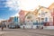 Street with typical striped fishing houses Costa Nova, Aveiro, Portugal. COSTA NOVA, PORTUGAL - August 19, 2019