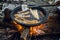 Street vendor deep-frying on wood-burning stove