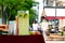 Street vendor display table with large glass container of lemonade