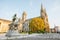 Street view with caathedral and monument in Rouen, France