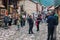 Street view on cobblestone Huseynov street, the main street of Lahic mountainous village of Azerbaijan, with buildings, shops and