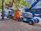 Street view of construction equipment vehicles in downtown Seattle near Pike Place