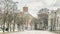 Street view with Gediminas Tower on the hill of the old town center of Vilnius, Lithuania