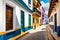 Street View Of Historic Morrocan Alley With Colorful Houses. Generative AI