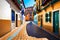 Street View Of Historic Morrocan Alley With Colorful Houses. Generative AI