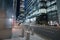 Street view by night in the amazing Canary Wharf district - LONDON, ENGLAND - SEPTEMBER 14, 2016