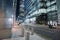 Street view by night in the amazing Canary Wharf district - LONDON, ENGLAND - SEPTEMBER 14, 2016