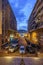 Street view and the old port and basilica of notre dame de la garde at night in Marseille, France