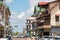 Street view in Paramaribo, Surinam with wooden colonial houses