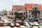 Street view in Paramaribo, Surinam with wooden colonial houses and church