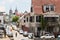 Street view in Paramaribo, Surinam with wooden colonial houses and church