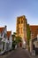 Street view in small Dutch town Goedereede on sunset, Zeeland, Netherlands