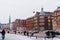 Street view to Copenhagen City Hall Tower in winter