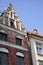 A street view of Torun with old brick buildings, facades, medieval town in Poland