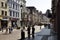 A street view of Torun with old brick buildings, facades, medieval town in Poland