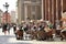 A street view of Torun with old brick buildings, facades, medieval town in Poland