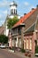 Street view and the tower of the Johannes Nepomuk church