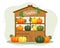 Street wooden trading shop with autumn pumpkins. Thanksgiving Day greeting card, illustration vector