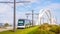 A streetcar has crossed the railway bridge between Kehl, Germany, and Strasbourg, France