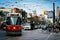 Streetcar and the intersection of Queen West and Spadina Avenue, in the Fashion District, Toronto, Ontario.