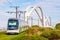 A streetcar is about to cross the railway bridge between Strasbourg in France and Kehl in Germany