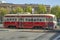 Streetcar in vintage design operates at the promenade from market street to fisherman`s wharf in San Francisco