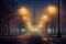 streetlights illuminating a foggy cityscape