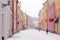 Streets of Gniew town in winter scenery