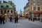 Streets of Montreal in winter. The historical part of the city - old houses, shops, cafes, people walking, cars, public transport