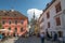 Streets of old town sighisoara with clock tower.