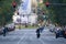 Streets, roads and highways of Madrid empty of cars while some people walk with the traffic lights on, in Spain. Europe.